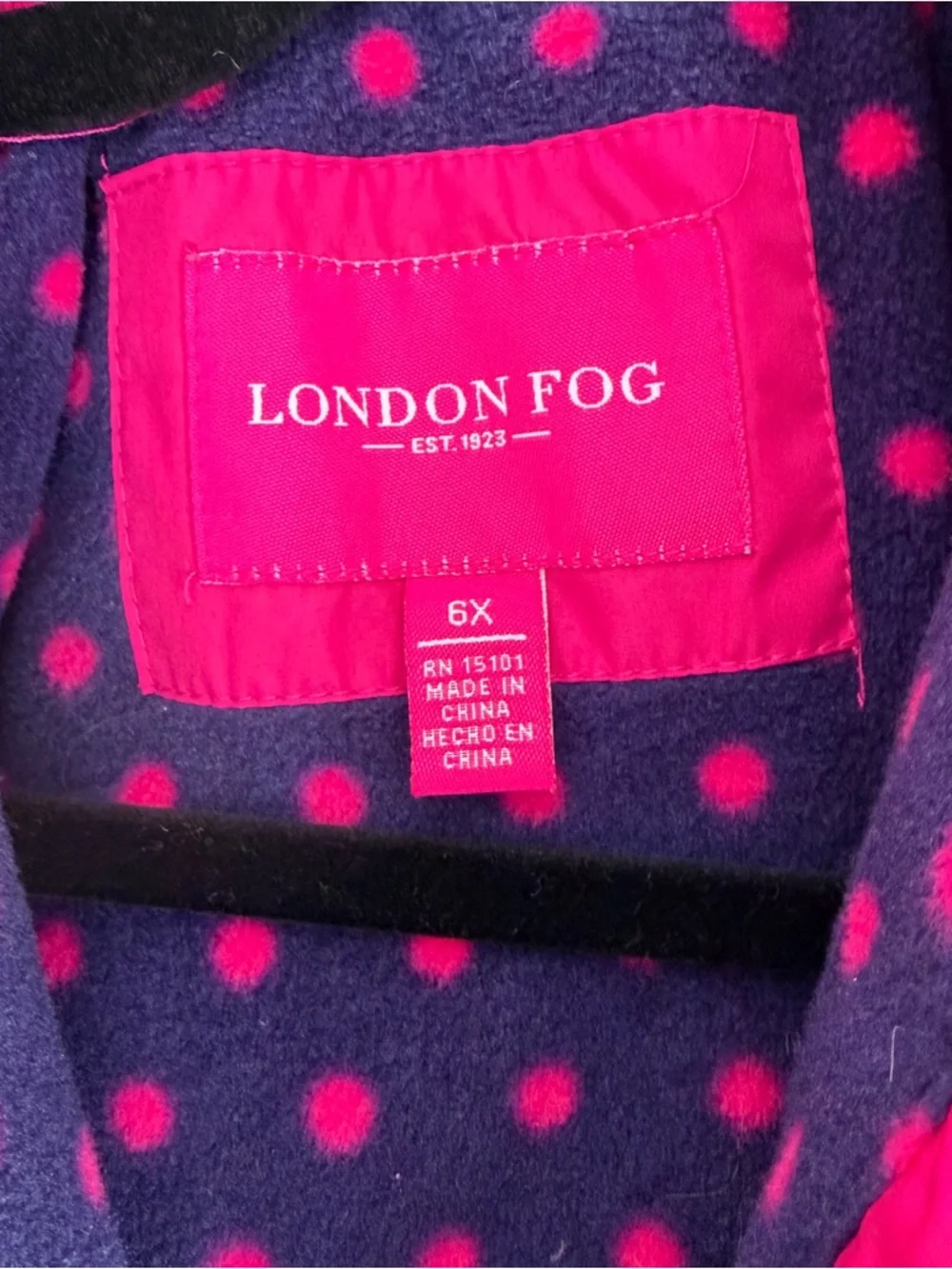 London Fog Girls Bright Pink Hooded Raincoat with Navy Polka-Dot Lining
